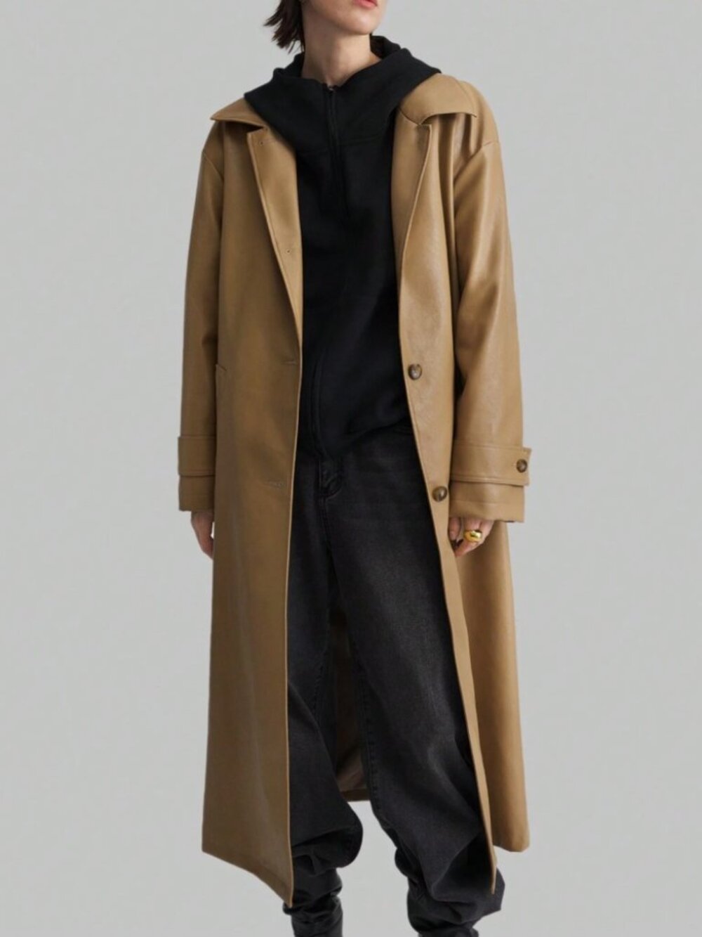 Tan Faux Leather Long Trench Coat - Oversized Fit